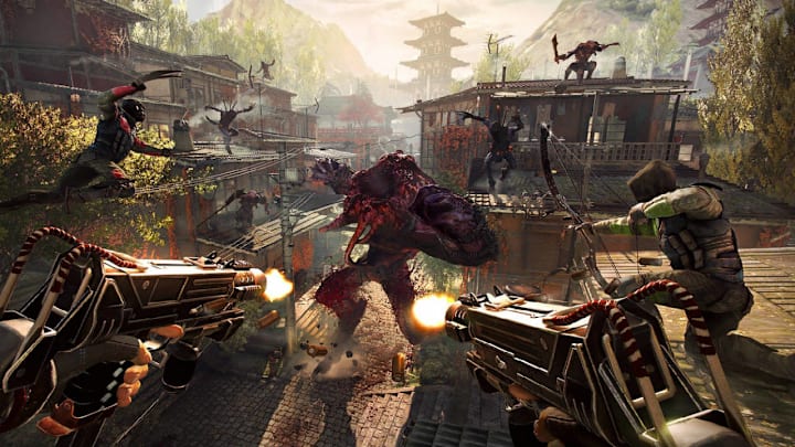 The protagonist fires dual uzis into demons in Shadow Warrior 2