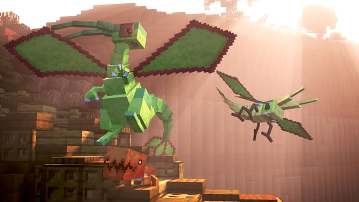 A Trapinch, Vibrava, and Flygon in Minecraft's blocky art style.