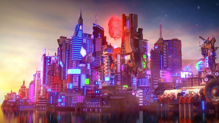 A large glowing Cyberpunk city in Minecraft.
