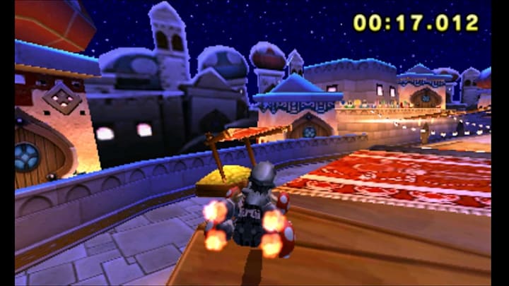 An Arabian-style Bazaar with a racetrack going through it in Mario Kart 7.