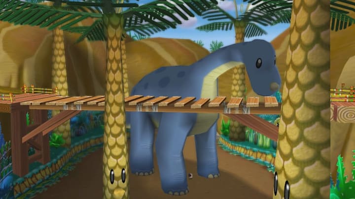 A multi-tiered jungle with living trees and a dinosaur overlooking a wooden bridge in Mario Kart Double Dash.