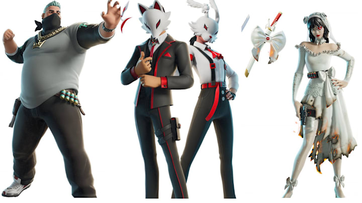 Several Fortnite skins. A large man with cyan hair, a man and woman wearing white animal masks, a bride with a burned dress
