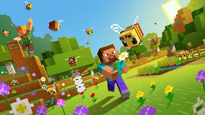 Steve and Alex in a sunny forest offering flowers to bees.