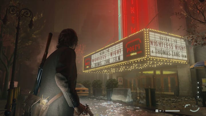 Alan walks to a theatre in a dark city street in Alan Wake 2