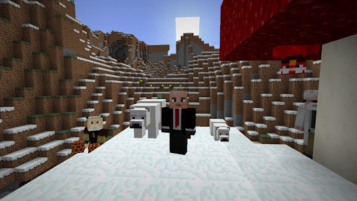 Two Minecraft characters standing in a snowy mountain biome next to two Polar Bears.