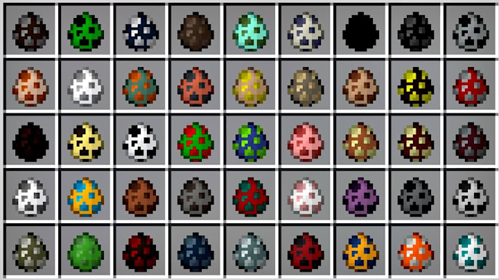 A screenshot of many of the different spawn eggs in Minecraft.