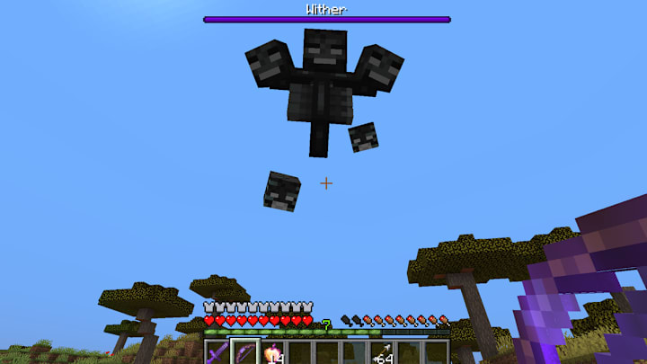 The Wither floating in the air above a player while they're holding a bow.