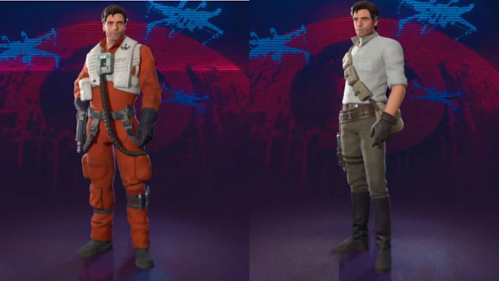 Poe Dameron in Fortnite, one in an orange flight suit and one in a plain white shirt.