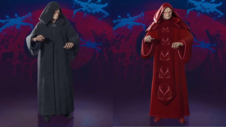 Emperor Palpatine in Fortnite. One in his classic black robes, and another in his red Chancellor Robe.
