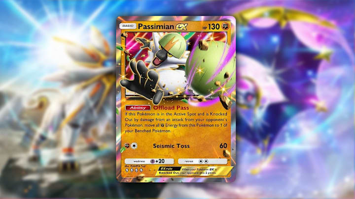 A Passimian ex card in Pokemon TCG Pocket with a Celestial Guardians key art blurred background.