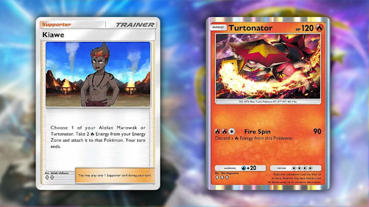 A Kiawe and a Turtonator card in Pokemon TCG Pocket with a Celestial Guardians key art blurred background,