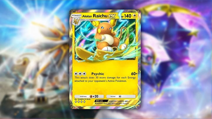 An Alolan Raichu card in Pokemon TCG Pocket with a Celestial Guardians key art blurred background. 