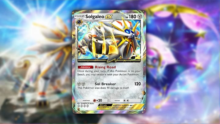 A Solgaleo ex card in Pokemon TCG Pocket with a Celestial Guardians key art blurred background