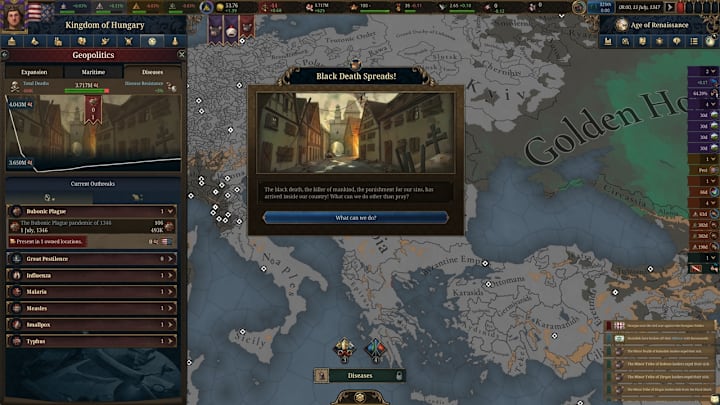 Europa Universalis 5 screenshot showing the effects of the Black Death.