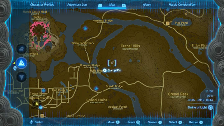 A map of Hyrule showing the location of the Barbarian Armor.