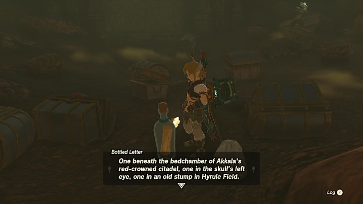 Link reading a message in a bottle standing in a field of empty chests.