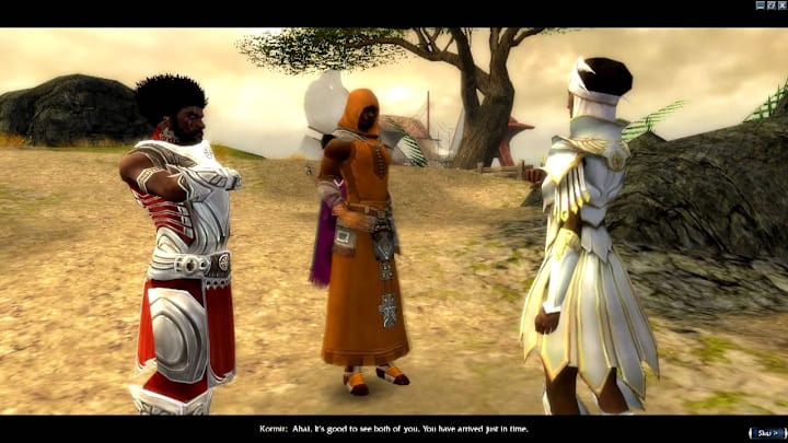 Three people in fantasy attire talking to each other.
