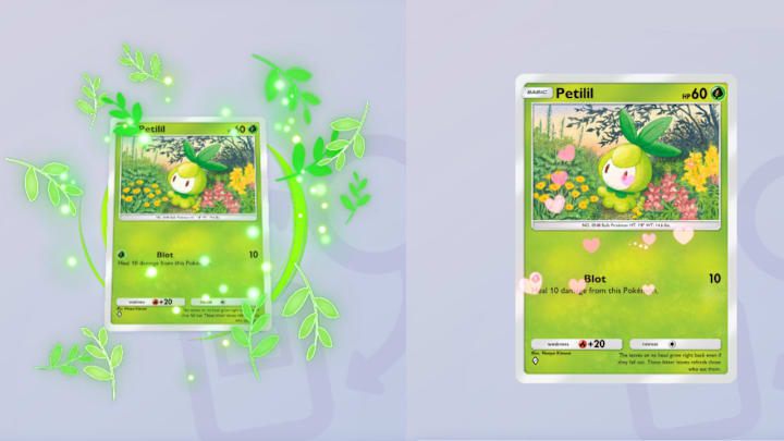 A battle flair and a cosmetic flair applied to a Petilil card in Pokemon TCG Pocket