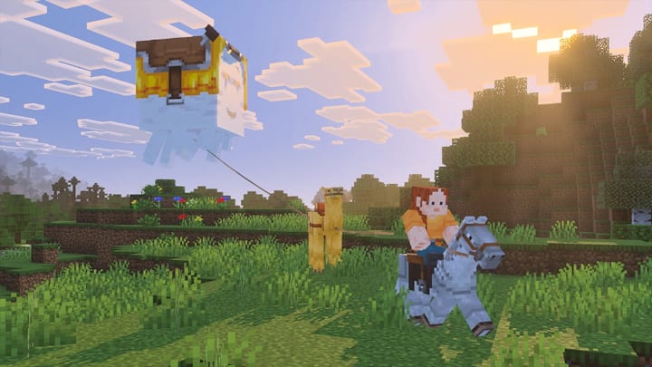 A player riding a horse leashed to a llama that's leashed to a happy ghast.
