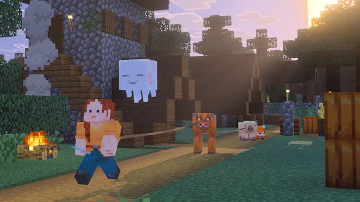 A player walking through a village leading a cow that's leashed to a pig.