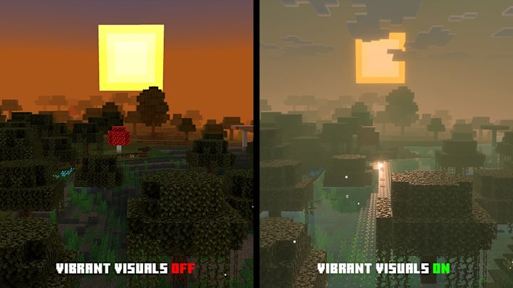 A comparison shot of a Minecraft swamp with vibrant visuals on and off.