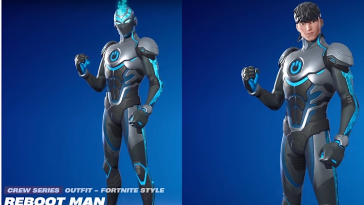 A cyborg man with silver amrour and blue energy highlighting it. One version with the mask on, and one with the mask off.