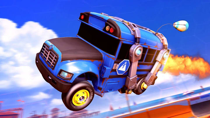 The Fortnite Battle Bus boosting through the air in Rocket League.