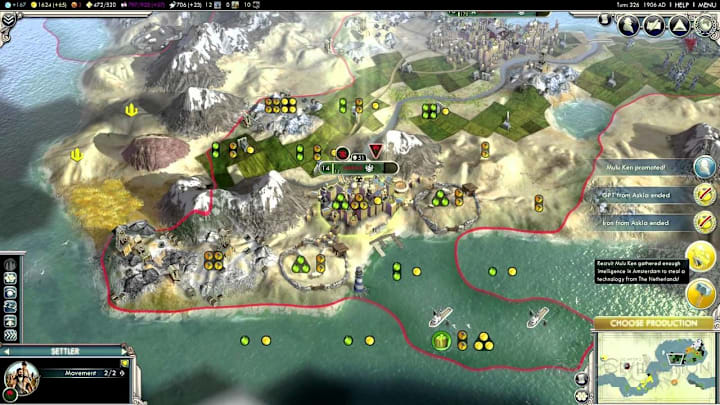 A map showing a city in Civilization 5