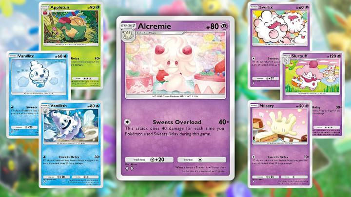 An Alcremie card and six cards with the Sweets Relay attack from Pokemon TCG Pocket's Eevee Grove expansion
