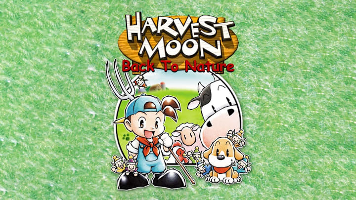 The game's logo on a green grassy background. A boy holding a pitchfork stands with his dog and other farm animals look on.
