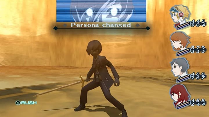 The Persona protagonist in a shadowy form standing among a sandstorm.