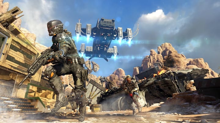 Soilders running away from a flying airship.