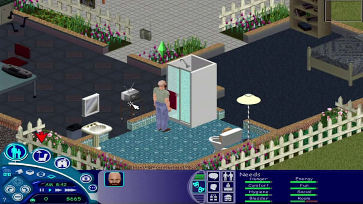 An old man standing infront of a shower in The Sims.