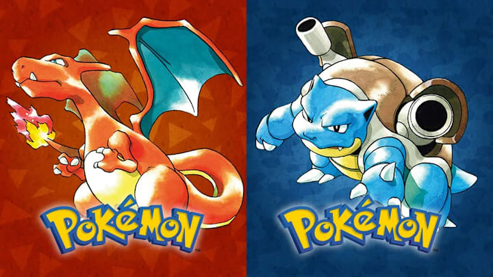 Charizard on a red background and Blastoise on a blue background, both with the Pokémon logo in front of them.