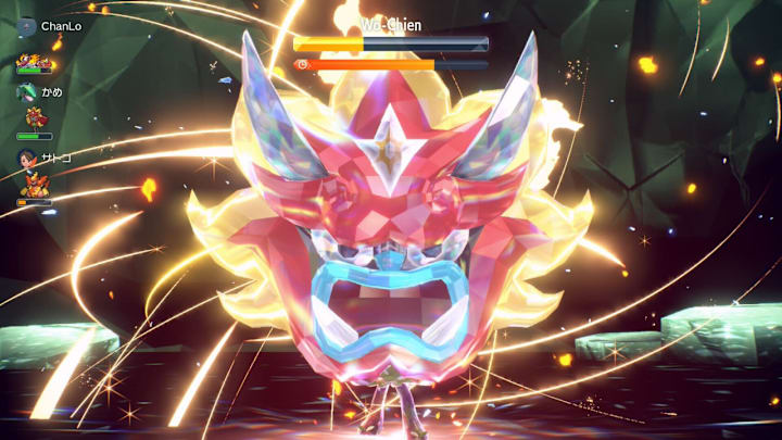 A terastalized Hearthflame Ogerpon in the shiny Wo-Chien raid in Pokemon Scarlet and Violet