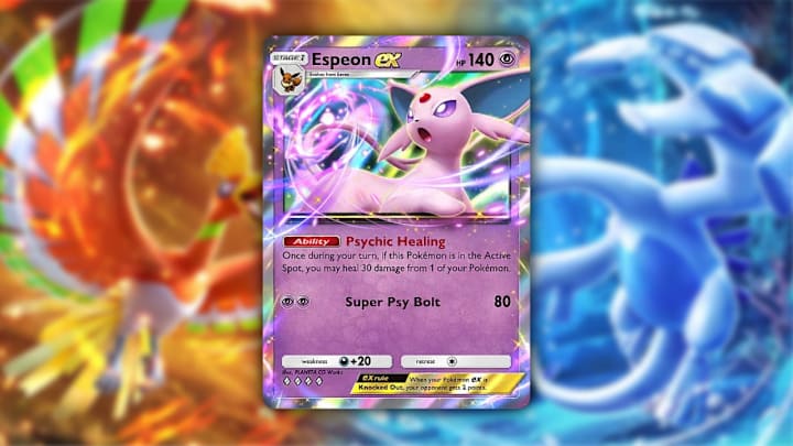 An Espeon ex card from the Wisdom of Sea and Sky set in Pokemon TCG Pocket
