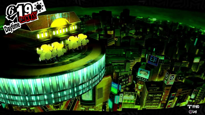 A massive bank floating above a city.