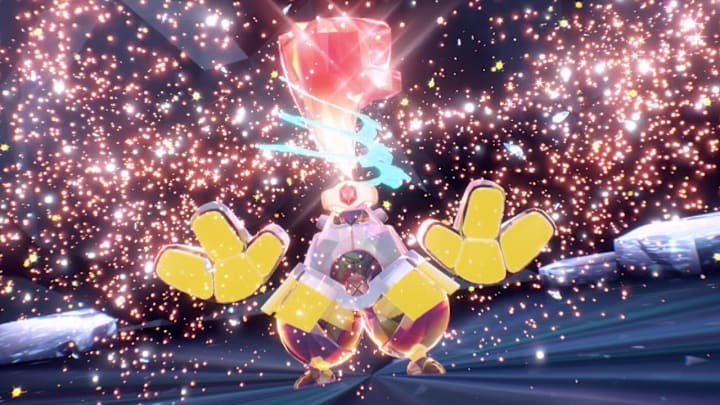 An Iron Hands surrounded by sparkling lights just after terastalizing in Pokemon Scarlet and Violet