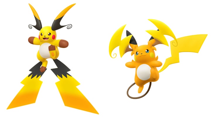 Mega Raichu X & Y. Two versions of Raichu, a yellow mouse-like Pokémon with lightning-bolt features.