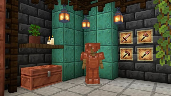 A set of Copper Armor on a stand. Some copper tools are in item frames to the right and copper chest to the left.