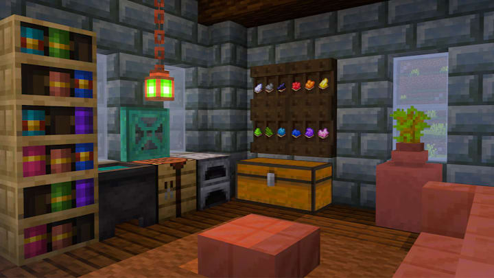 A Minecraft living room with shelves on the back wall containing various dyes.