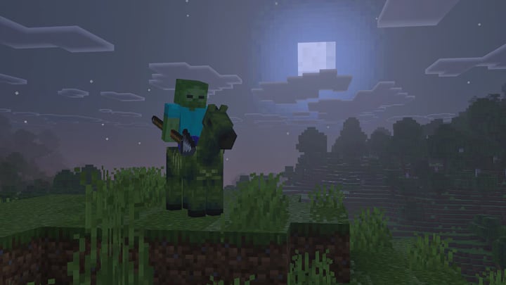 A zombie riding on a zombified horse at night while holding and iron spear.