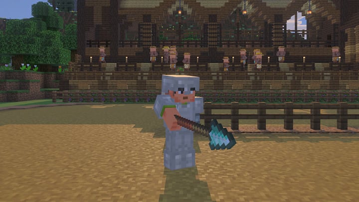 A Minecraft player in iron armour holding a diamond spear.