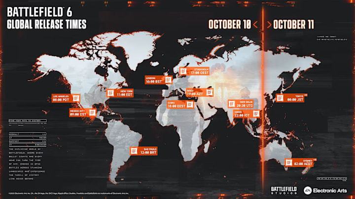 Battlefield 6 global release times graphic.