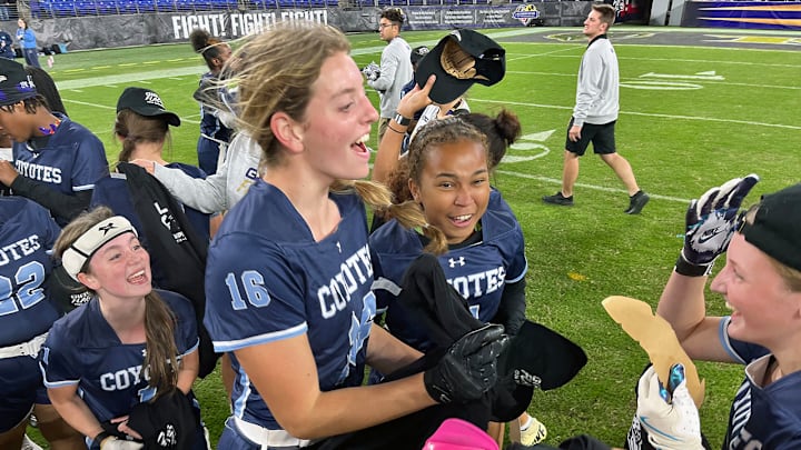 Clarksburg flag football players celebrate their victory over Boonsboro after the finals of Maryland's first girls flag football state championship, hosted by the Baltimore Ravens at M&T Bank Stadium. Clarksburg flag football players celebrate their victory over Boonsboro after the finals of Maryland's first girls flag football state championship, hosted by the Baltimore Ravens at M&T Bank Stadium.