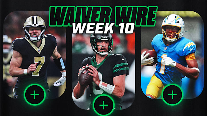 Taysom Hill (left), Aaron Rodgers (center), and Quentin Johnston (right) are top Waiver Wire adds in Week 10. 