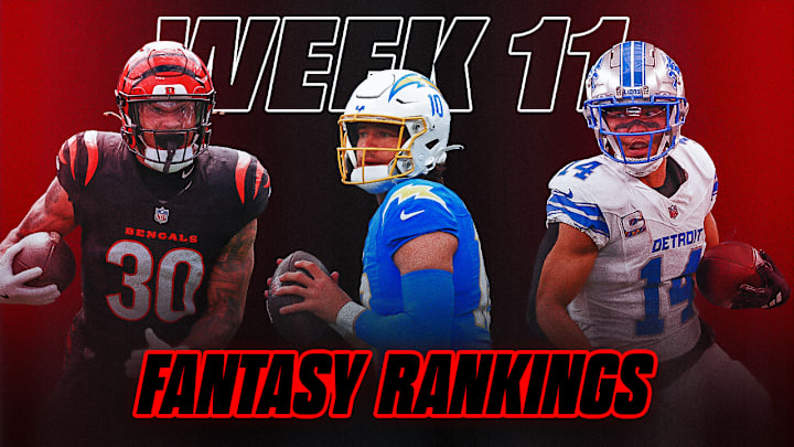 Chase Brown (left), Justin Herbert (center), and Amon-Ra St Brown (right) are important players in the Week 11 fantasy rankings. 