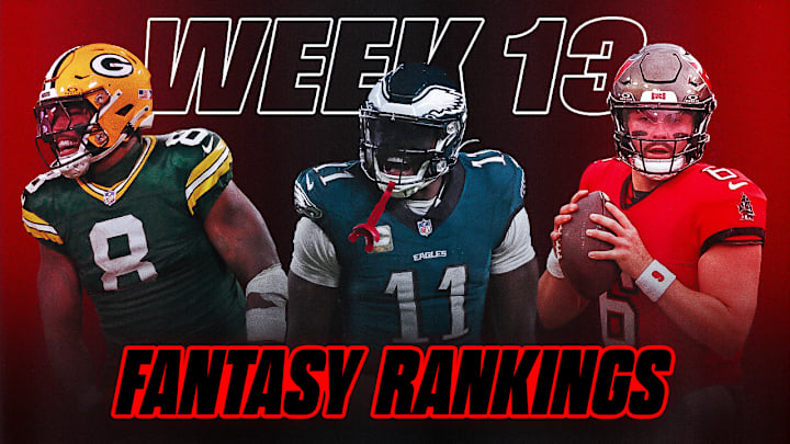 Josh Jacobs (left), A.J. Brown (center) and Baker Mayfield (right) are all top players in this week's fantasy rankings. Josh Jacobs (left), A.J. Brown (center) and Baker Mayfield (right) are all top players in this week's fantasy rankings.