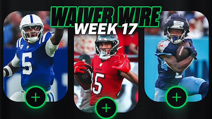 Anthony Richardson (left), Jalen McMillan (center) and Tyjae Spears (right) are the top fantasy waiver wire targets for Week 17.
