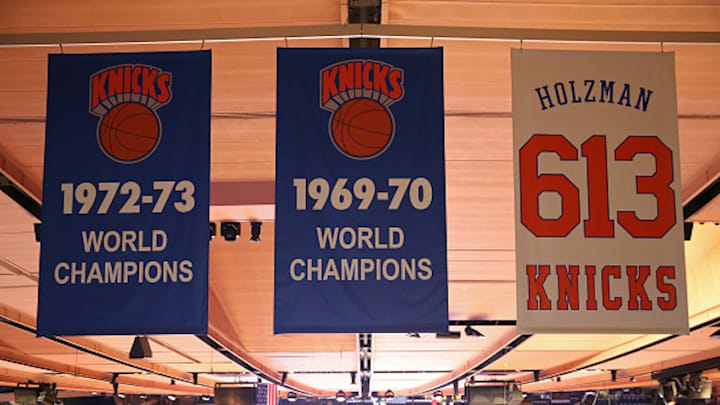The New York Knicks' two championship banners hang in Madison Square Garden. The New York Knicks' two championship banners hang in Madison Square Garden.